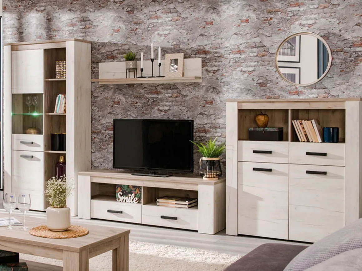 Mobile Porta tv Bianco Larice Marrone Rovere 2 Cassetti 3 Ripiani 151.5x43.5x49.5h cm, 2 Vani - Scorze