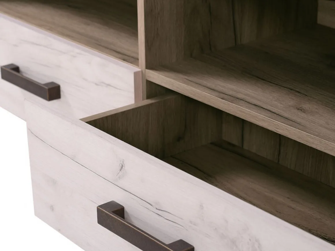 Mobile Porta tv Bianco Larice Marrone Rovere 2 Cassetti 3 Ripiani 151.5x43.5x49.5h cm, 2 Vani - Scorze