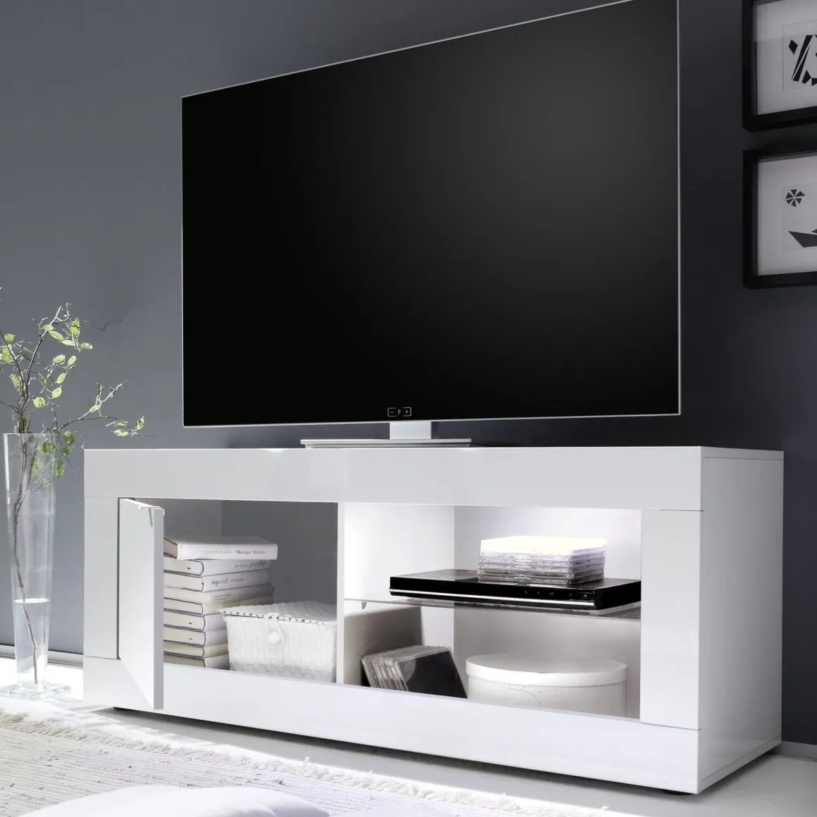 Mobile Porta tv Bianco Lucido 2 Ripiani Apertura Maniglia 140x43x56h cm, 4 Vani Made in Italy - Gambara