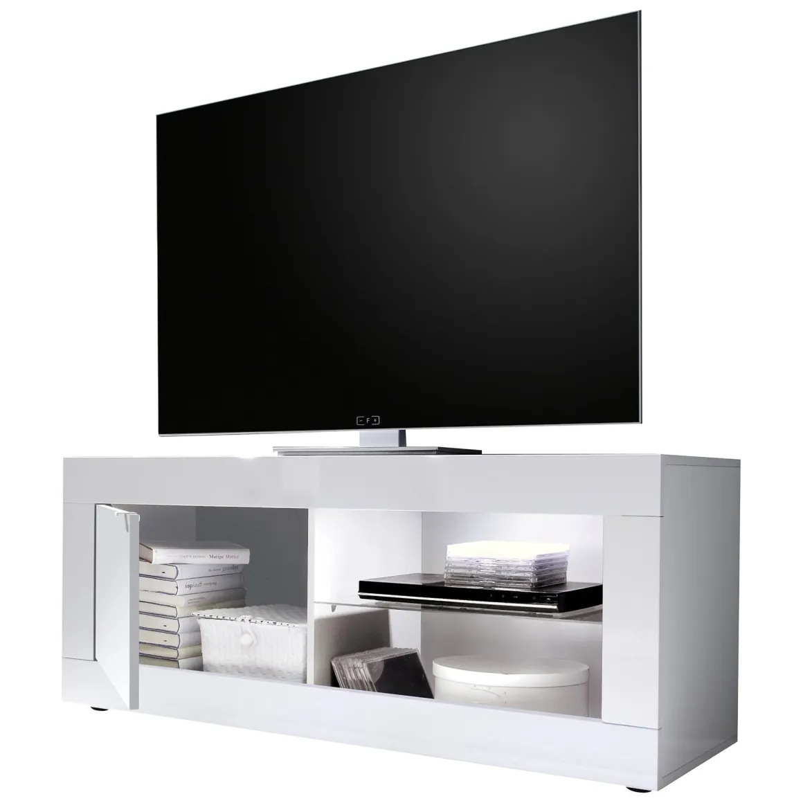 Mobile Porta tv Bianco Lucido 2 Ripiani Apertura Maniglia 140x43x56h cm, 4 Vani Made in Italy - Gambara