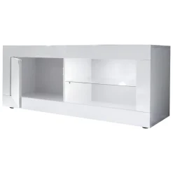 Mobile Porta tv Bianco Lucido 2 Ripiani Apertura Maniglia 140x43x56h cm, 4 Vani Made in Italy - Gambara
