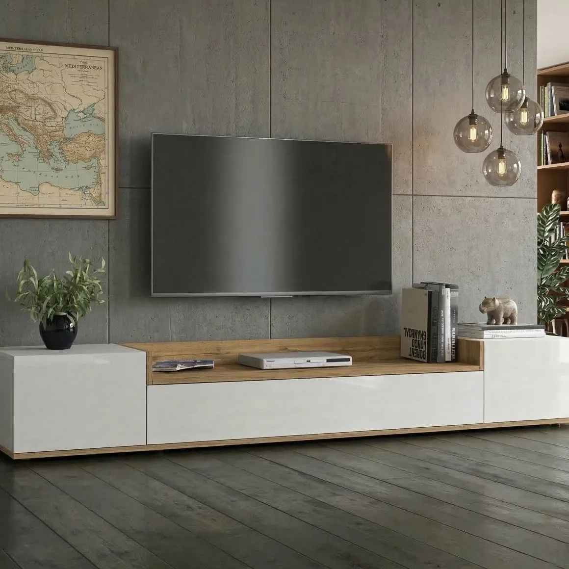 Mobile Porta tv Bianco Lucido Marrone Rovere 3 Ripiani 3 Ante 200x35x30h cm, 4 Vani Made in Italy - Oxanna