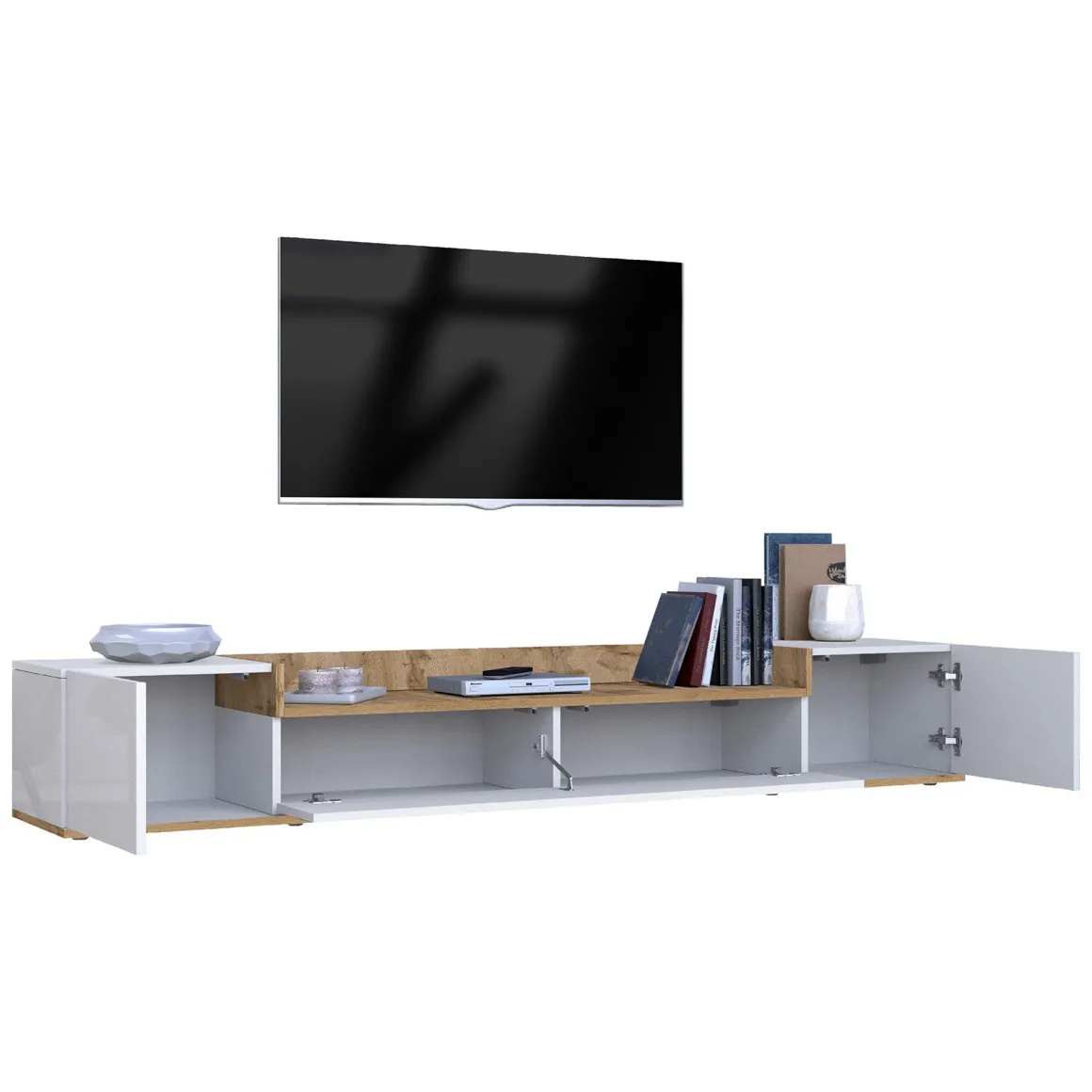 Mobile Porta tv Bianco Lucido Marrone Rovere 3 Ripiani 3 Ante 200x35x30h cm, 4 Vani Made in Italy - Oxanna