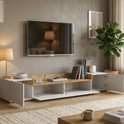 Mobile Porta tv Bianco Lucido Marrone Rovere 3 Ripiani 3 Ante 200x35x30h cm, 4 Vani Made in Italy - Oxanna