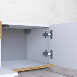 Mobile Porta tv Bianco Lucido Marrone Rovere 3 Ripiani 3 Ante 200x35x30h cm, 4 Vani Made in Italy - Oxanna