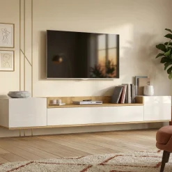 Mobile Porta tv Bianco Lucido Marrone Rovere 3 Ripiani 3 Ante 200x35x30h cm, 4 Vani Made in Italy - Oxanna