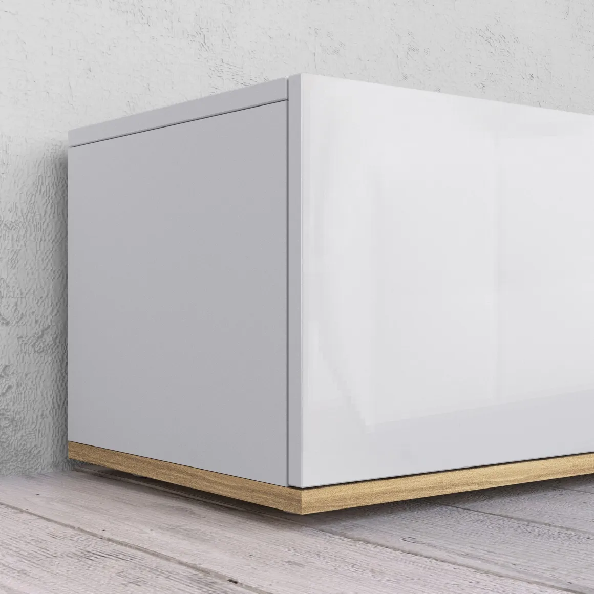 Mobile Porta tv Bianco Lucido Marrone Rovere 3 Ripiani 3 Ante 200x35x30h cm, 4 Vani Made in Italy - Oxanna