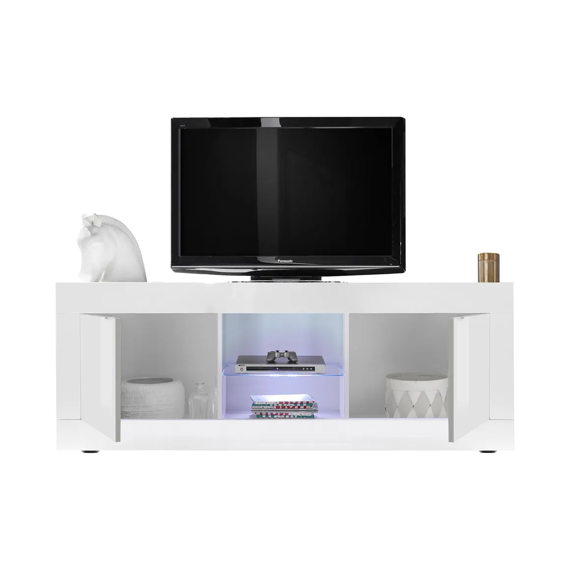 Mobile Porta tv Bianco Lucido un Ripiano Apertura Maniglia 180x43x56h cm, 4 Vani - Massaia
