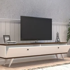 Mobili Porta Tv > Dmora Mobile Porta tv Bianco Marrone Noce 2 Ante 2 Vani 160x25x35h cm, Apertura a Ribalta - Olmedo Marrone, Bianco Noce