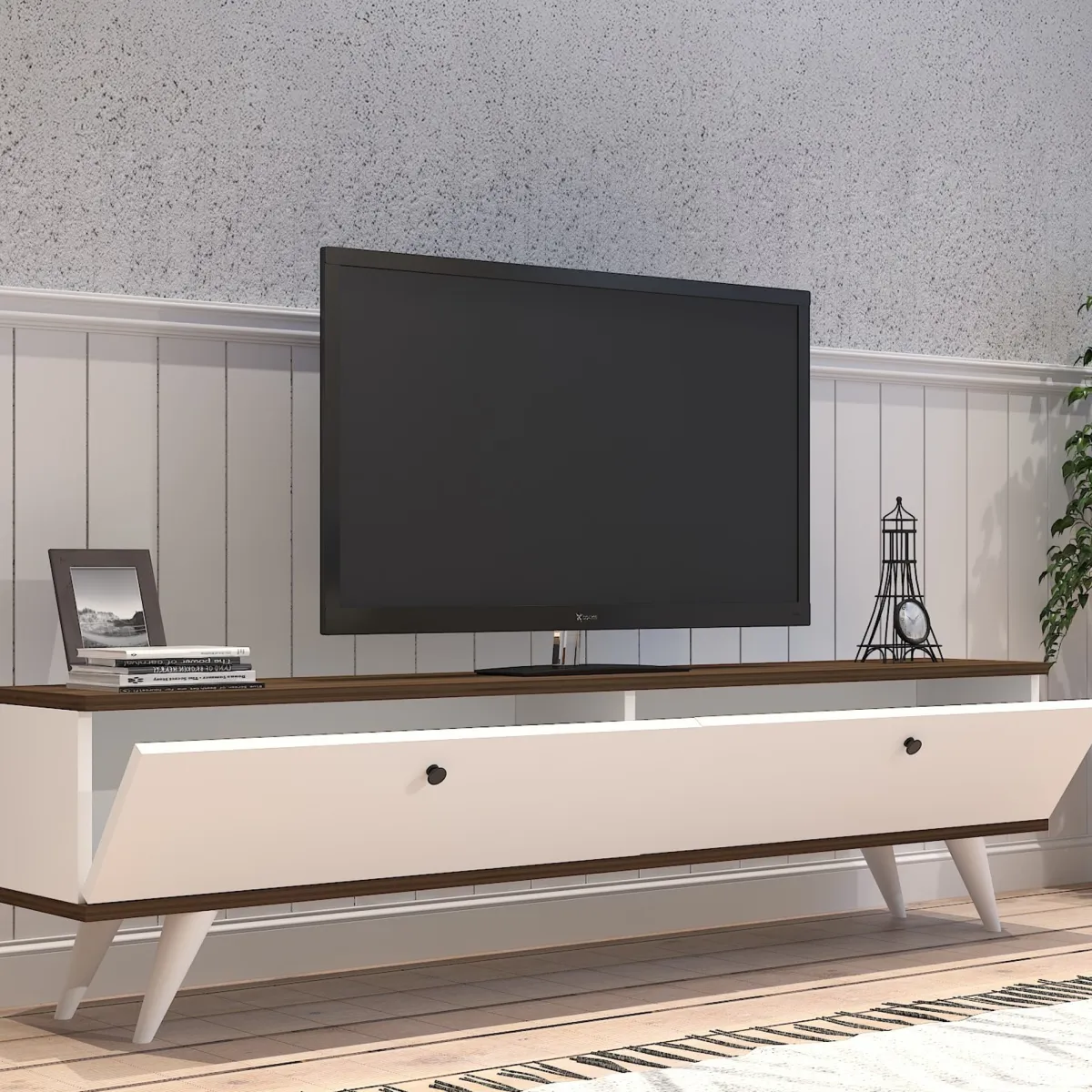 Mobili Porta Tv > Dmora Mobile Porta tv Bianco Marrone Noce 2 Ante 2 Vani 160x25x35h cm, Apertura a Ribalta - Olmedo Marrone, Bianco Noce