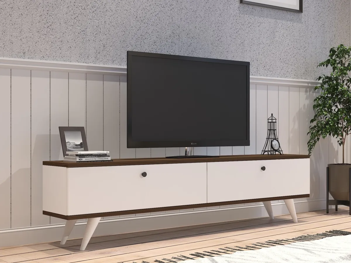Mobili Porta Tv > Dmora Mobile Porta tv Bianco Marrone Noce 2 Ante 2 Vani 160x25x35h cm, Apertura a Ribalta - Olmedo Marrone, Bianco Noce