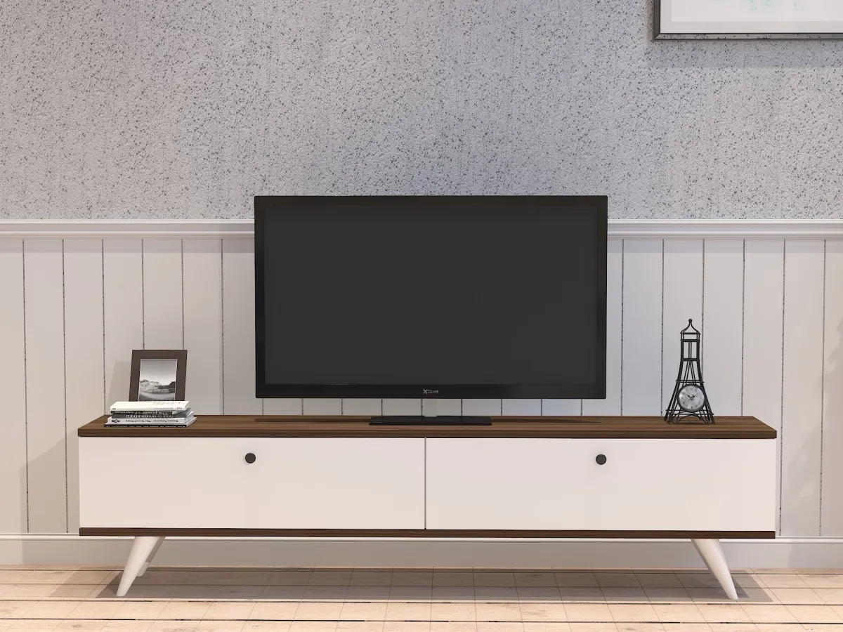 Mobili Porta Tv > Dmora Mobile Porta tv Bianco Marrone Noce 2 Ante 2 Vani 160x25x35h cm, Apertura a Ribalta - Olmedo Marrone, Bianco Noce