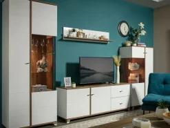 Mobile Porta tv Bianco Marrone Noce 2 Cassetti un Ripiano 162x40x59.5h cm, 2 Ante - Isera