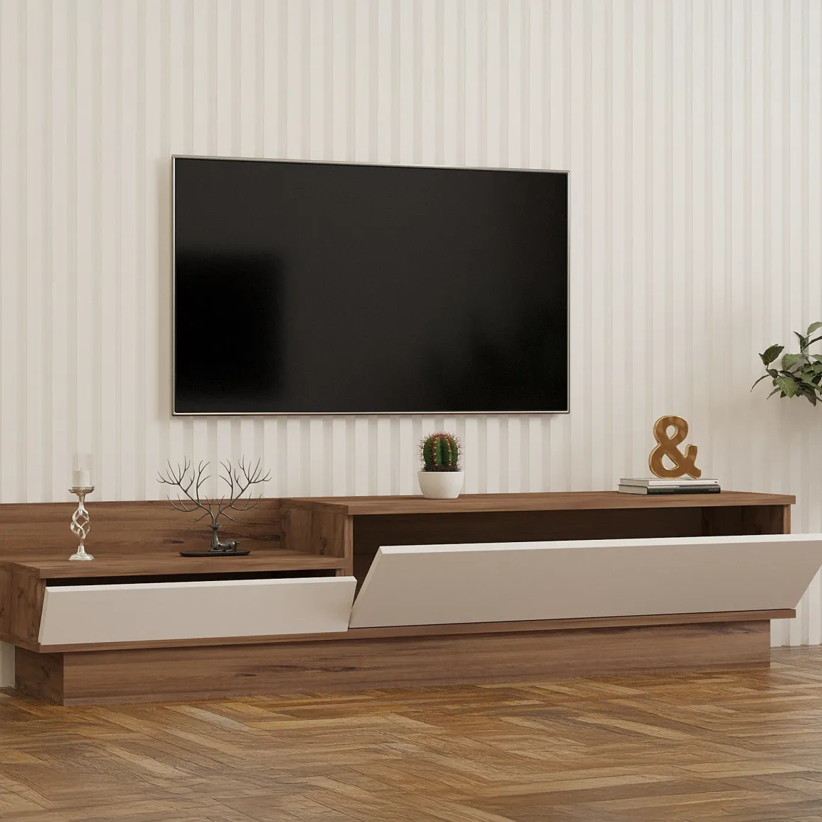 Mobile Porta tv Bianco Marrone Rovere 2 Ante 2 Vani 160x35x35h cm, Apertura a Ribalta - Persico