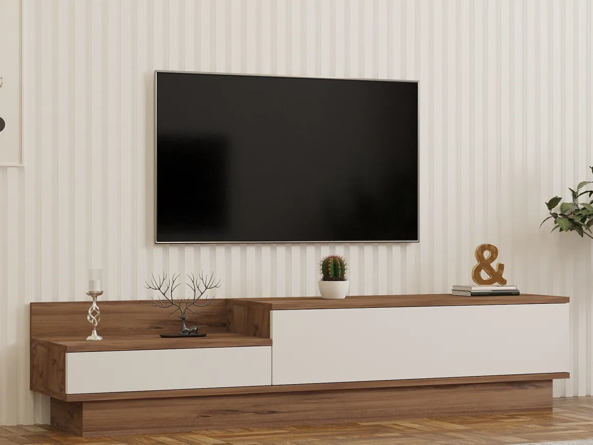 Mobile Porta tv Bianco Marrone Rovere 2 Ante 2 Vani 160x35x35h cm, Apertura a Ribalta - Persico