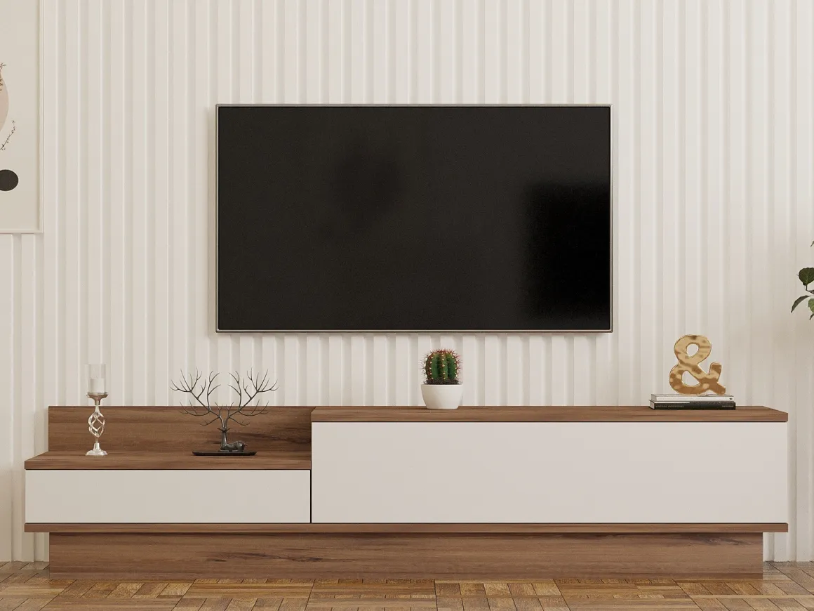 Mobile Porta tv Bianco Marrone Rovere 2 Ante 2 Vani 160x35x35h cm, Apertura a Ribalta - Persico