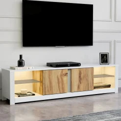 Mobile Porta tv Bianco Marrone Rovere 2 Ripiani 6 Vani 180x35x45h cm, 2 Ante - Vogogna