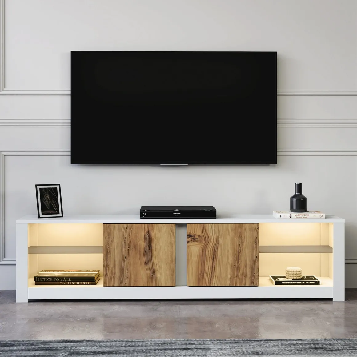 Mobile Porta tv Bianco Marrone Rovere 2 Ripiani 6 Vani 180x35x45h cm, 2 Ante - Vogogna