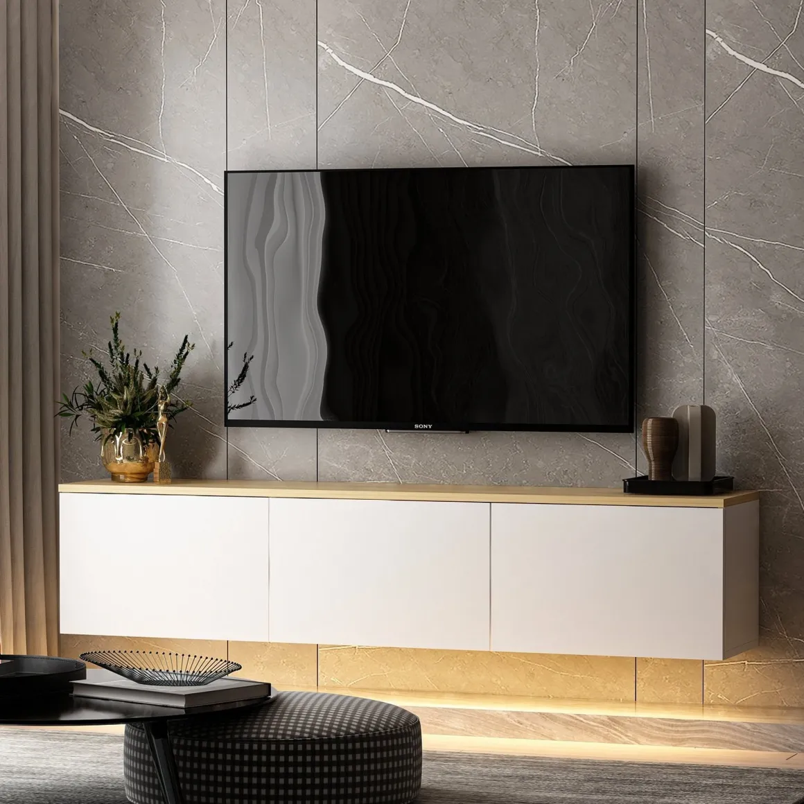 Mobile Porta tv Bianco Marrone Rovere 3 Ante Luci led Incluse 160x32x35h cm, 3 Vani - Marazzi