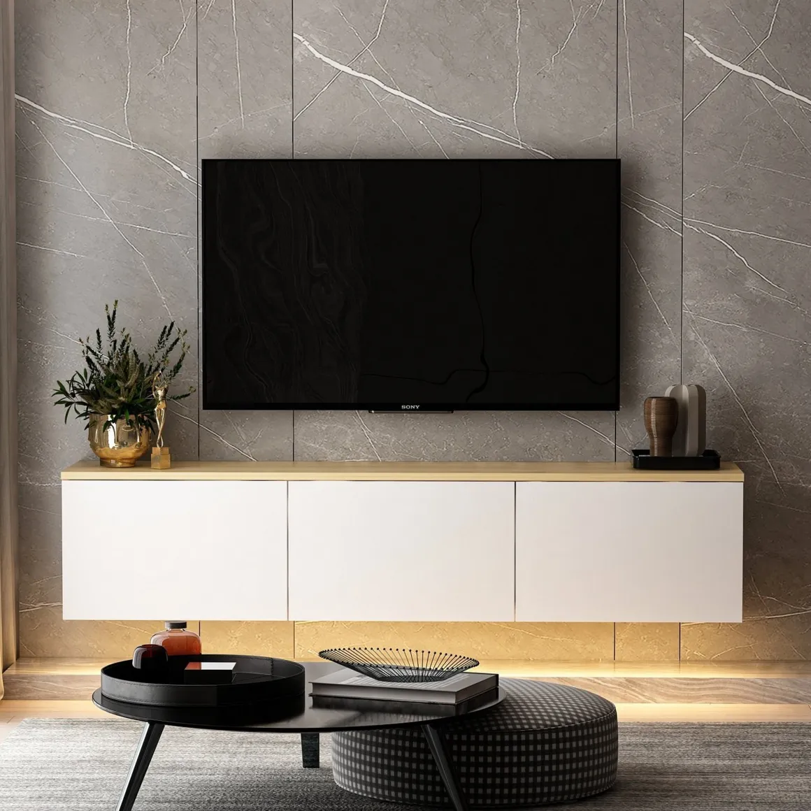 Mobile Porta tv Bianco Marrone Rovere 3 Ante Luci led Incluse 160x32x35h cm, 3 Vani - Marazzi