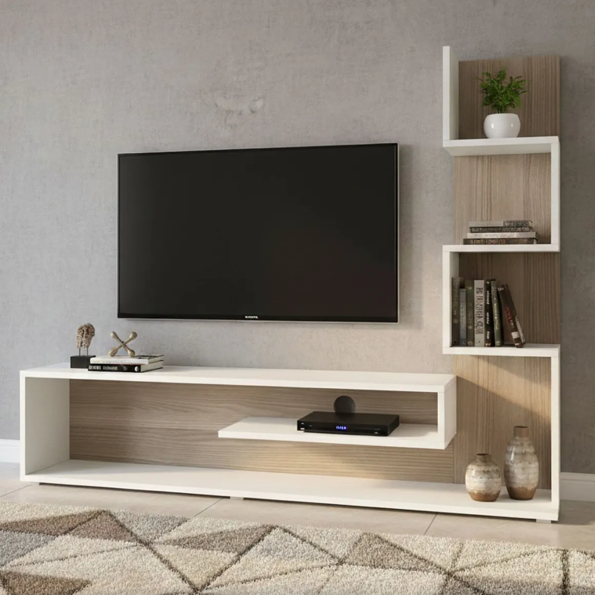 Mobile Porta tv Bianco Marrone Rovere 5 Ripiani Cassetti 29.5x22x120.8h cm, 4 Vani - Armeno