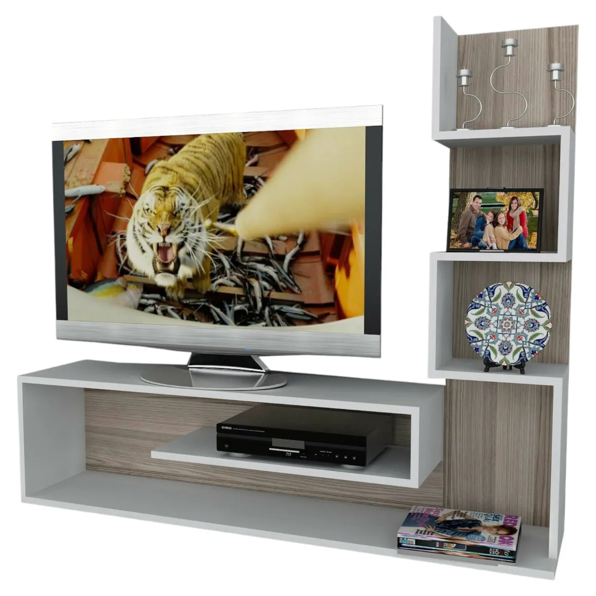 Mobile Porta tv Bianco Marrone Rovere 5 Ripiani Cassetti 29.5x22x120.8h cm, 4 Vani - Armeno