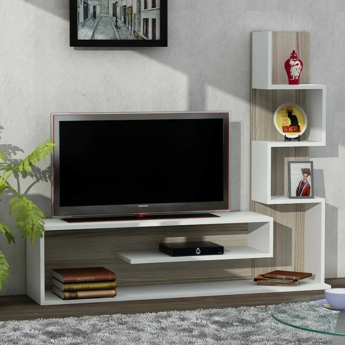 Mobile Porta tv Bianco Marrone Rovere 5 Ripiani Cassetti 29.5x22x120.8h cm, 4 Vani - Armeno
