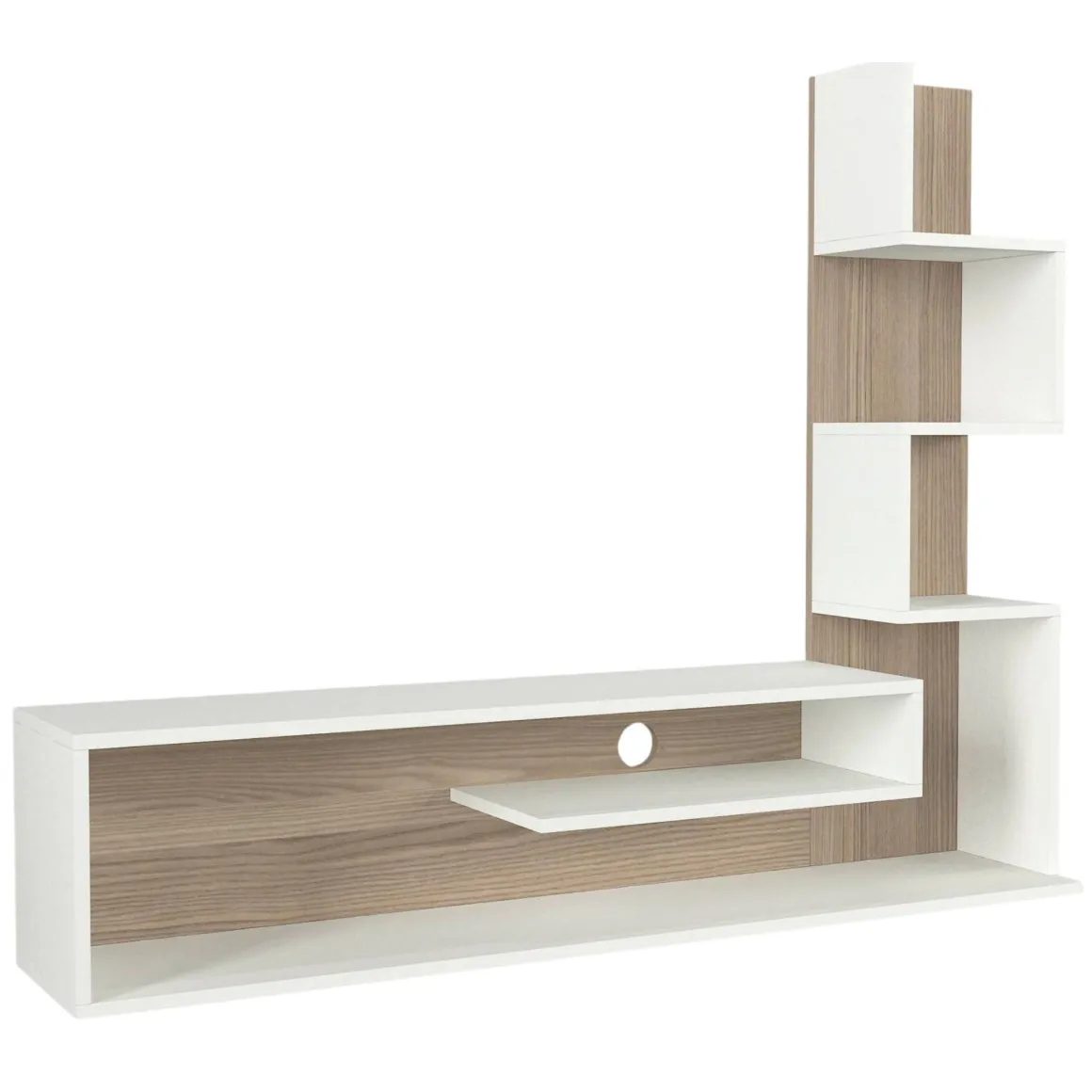 Mobile Porta tv Bianco Marrone Rovere 5 Ripiani Cassetti 29.5x22x120.8h cm, 4 Vani - Armeno