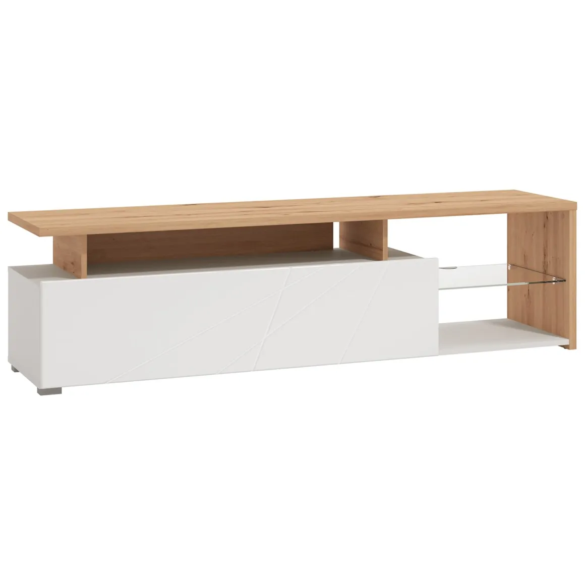 Mobile Porta tv Bianco Marrone Rovere Nodi Cassetti 3 Ripiani 170x41.5x46.5h cm, Un'anta - Induno