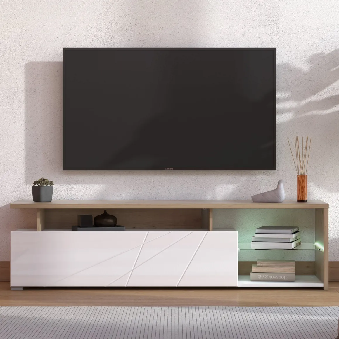 Mobile Porta tv Bianco Marrone Rovere Nodi Cassetti 3 Ripiani 170x41.5x46.5h cm, Un'anta - Induno
