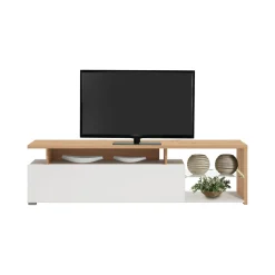 Mobile Porta tv Bianco Marrone Rovere Nodi Cassetti 3 Ripiani 170x41.5x46.5h cm, Un'anta - Induno
