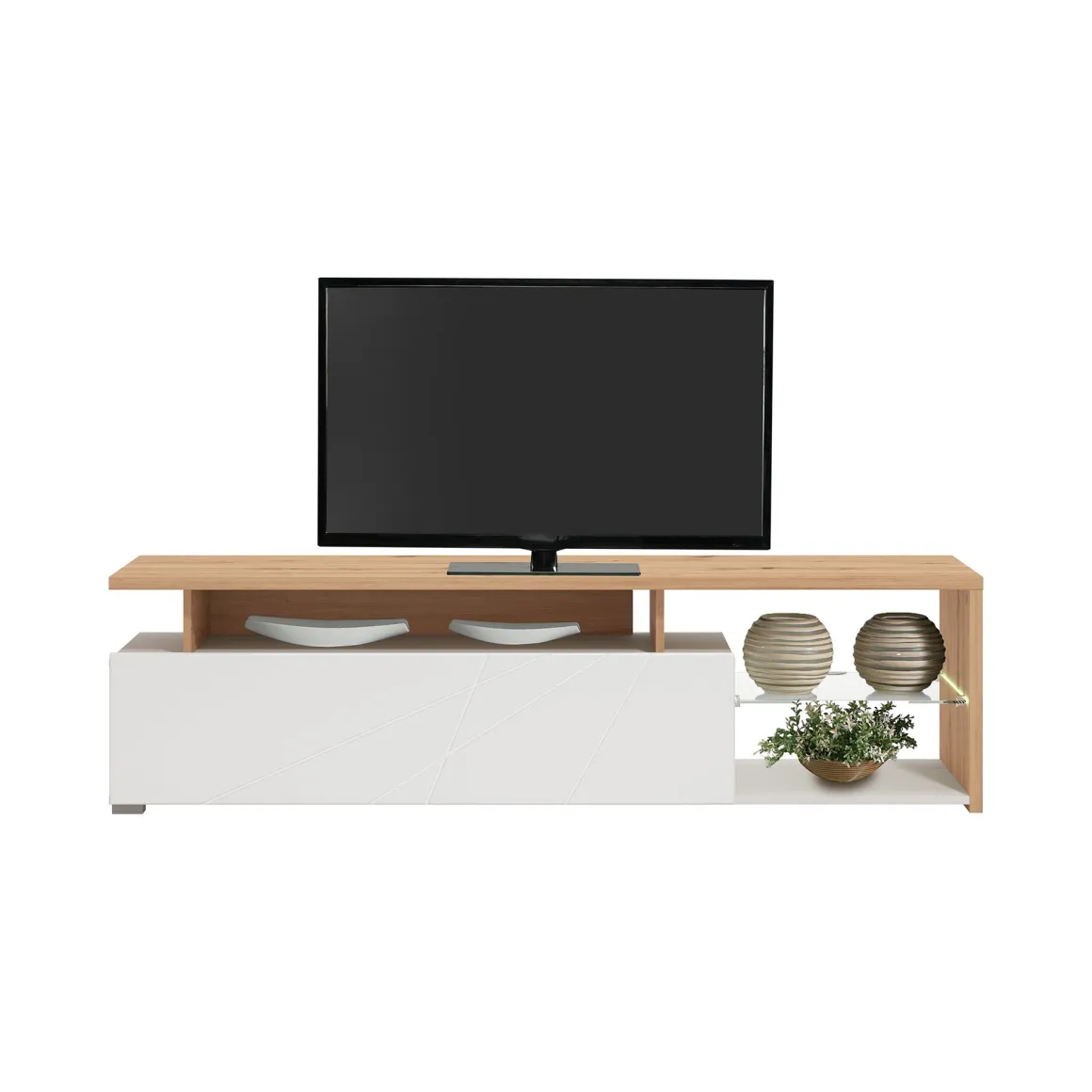 Mobile Porta tv Bianco Marrone Rovere Nodi Cassetti 3 Ripiani 170x41.5x46.5h cm, Un'anta - Induno