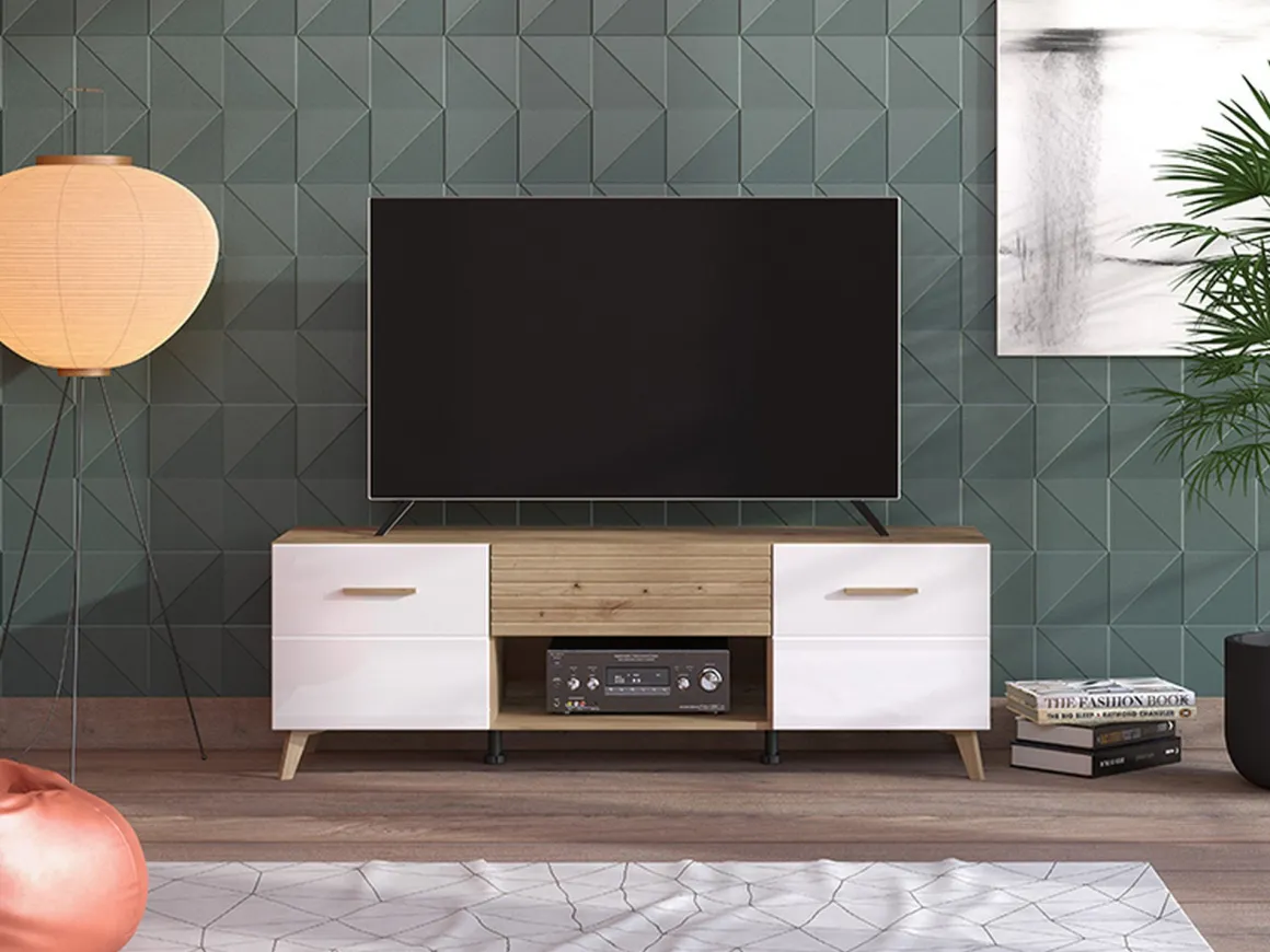 Mobile Porta tv Bianco Marrone Rovere Nodi un Cassetto un Ripiano 147.5x41.5x49h cm, 2 Ante - Morengo