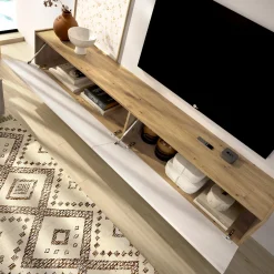 Mobile Porta tv Bianco Marrone Rovere Nodi un Ripiano 2 Ante 35x180x29h cm, 2 Vani - Bigfork