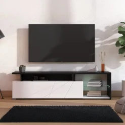 Mobile Porta tv Bianco Nero Antracite 6 Ripiani Un'anta 170x41.5x46.5h cm, Dettaglio Geometrico, Ripiano in Vetro - Induno