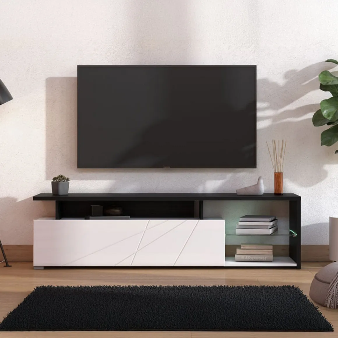 Mobile Porta tv Bianco Nero Antracite 6 Ripiani Un'anta 170x41.5x46.5h cm, Dettaglio Geometrico, Ripiano in Vetro - Induno