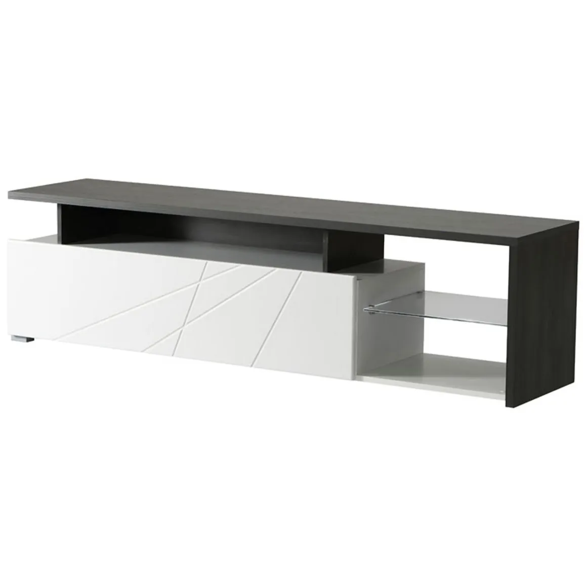 Mobile Porta tv Bianco Nero Antracite 6 Ripiani Un'anta 170x41.5x46.5h cm, Dettaglio Geometrico, Ripiano in Vetro - Induno
