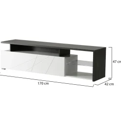 Mobile Porta tv Bianco Nero Antracite 6 Ripiani Un'anta 170x41.5x46.5h cm, Dettaglio Geometrico, Ripiano in Vetro - Induno