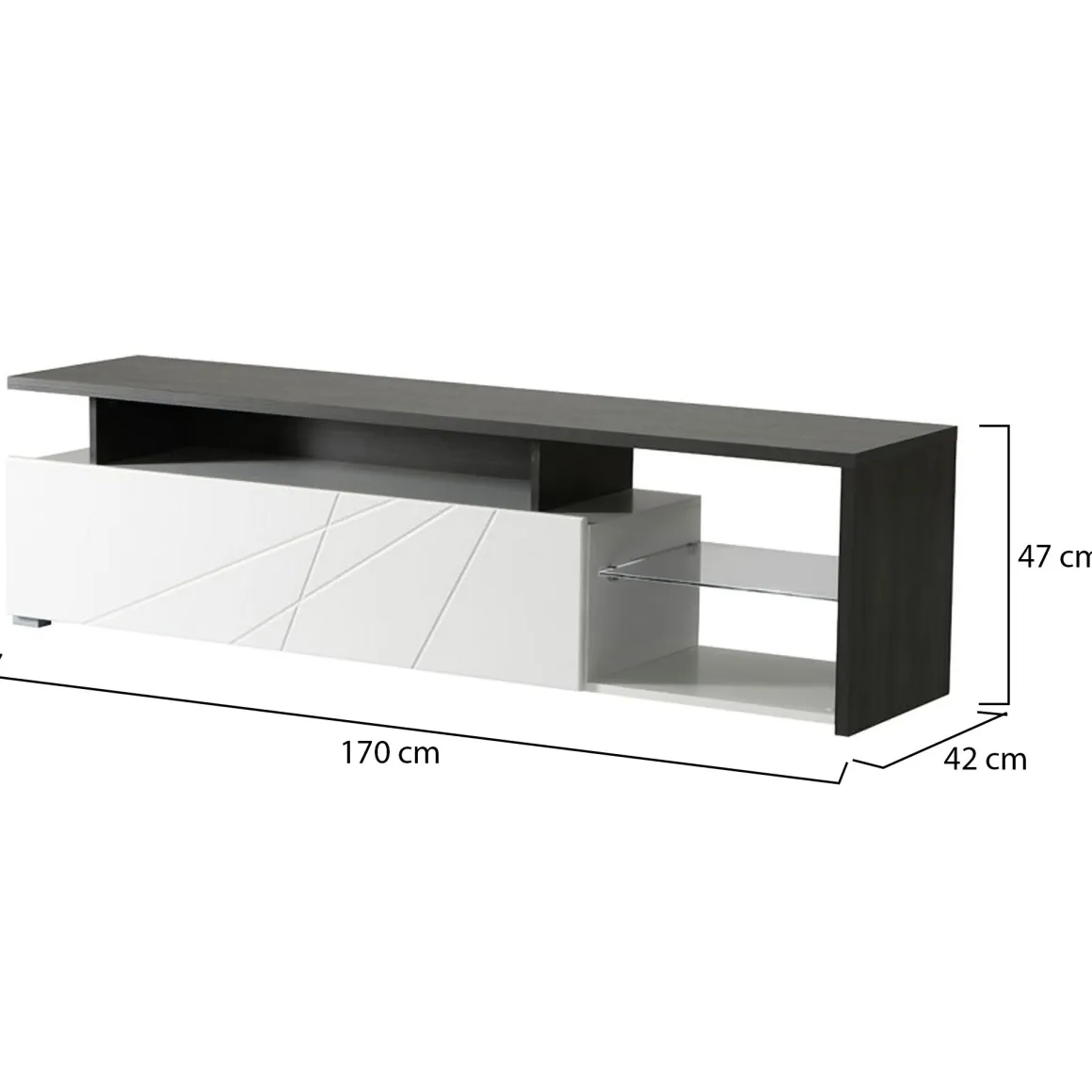 Mobile Porta tv Bianco Nero Antracite 6 Ripiani Un'anta 170x41.5x46.5h cm, Dettaglio Geometrico, Ripiano in Vetro - Induno