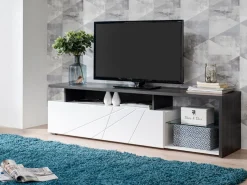 Mobile Porta tv Bianco Nero Antracite 6 Ripiani Un'anta 170x41.5x46.5h cm, Dettaglio Geometrico, Ripiano in Vetro - Induno