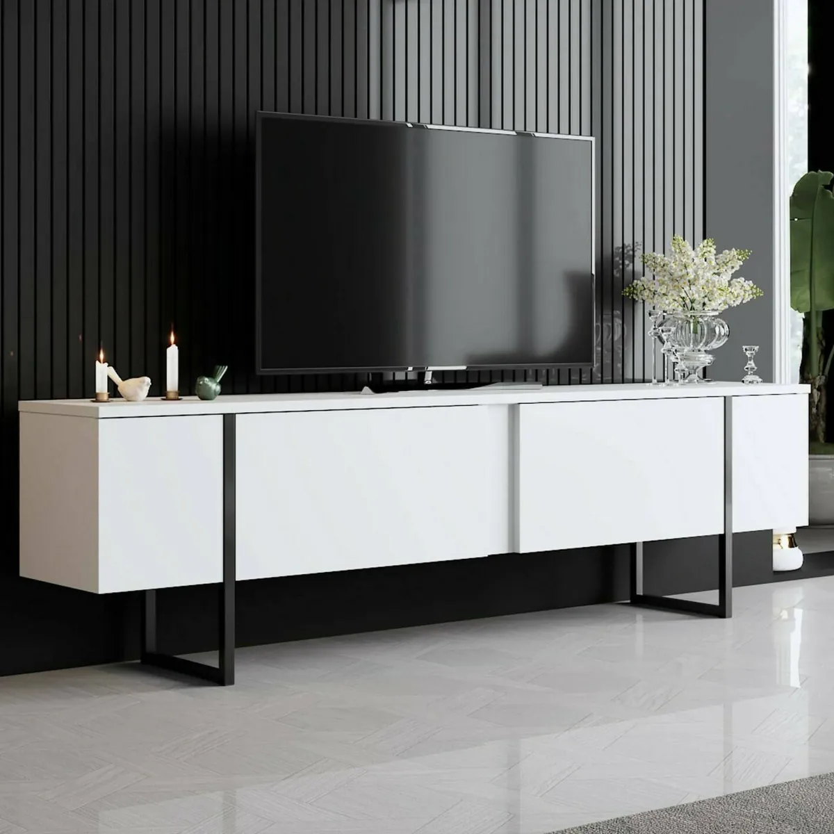 Mobili Porta Tv|Salotto > Dmora Mobile Porta tv Bianco Nero Cassetti un Ripiano 180x30x50h cm, 2 Ante - Abishia Nero, Bianco