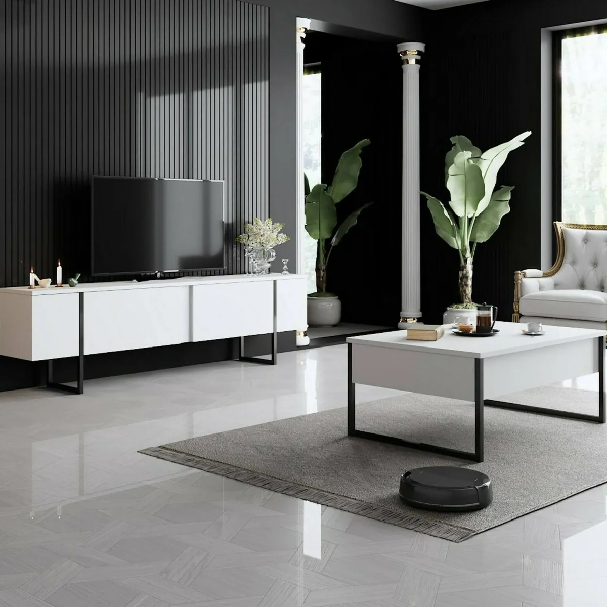 Mobili Porta Tv|Salotto > Dmora Mobile Porta tv Bianco Nero Cassetti un Ripiano 180x30x50h cm, 2 Ante - Abishia Nero, Bianco