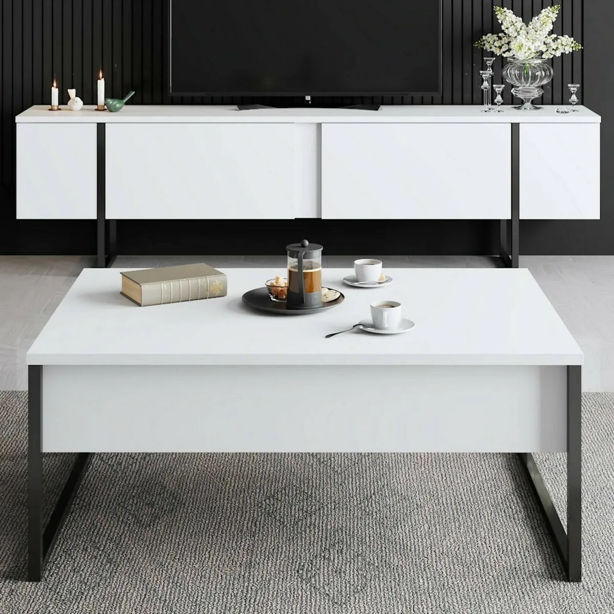 Mobili Porta Tv|Salotto > Dmora Mobile Porta tv Bianco Nero Cassetti un Ripiano 180x30x50h cm, 2 Ante - Abishia Nero, Bianco