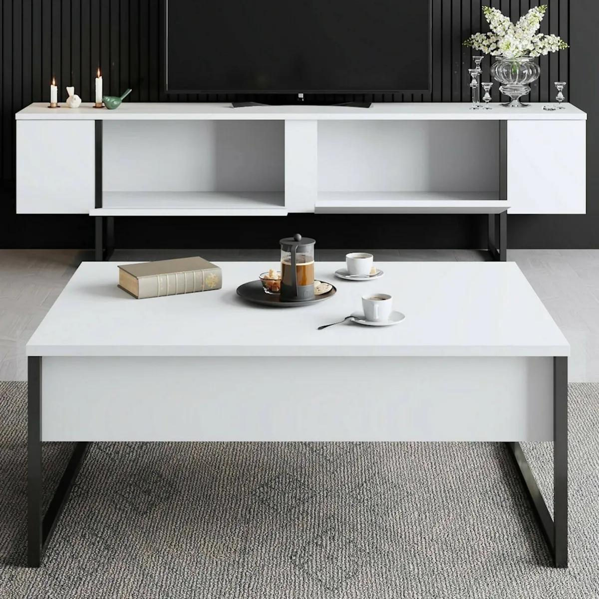 Mobili Porta Tv|Salotto > Dmora Mobile Porta tv Bianco Nero Cassetti un Ripiano 180x30x50h cm, 2 Ante - Abishia Nero, Bianco