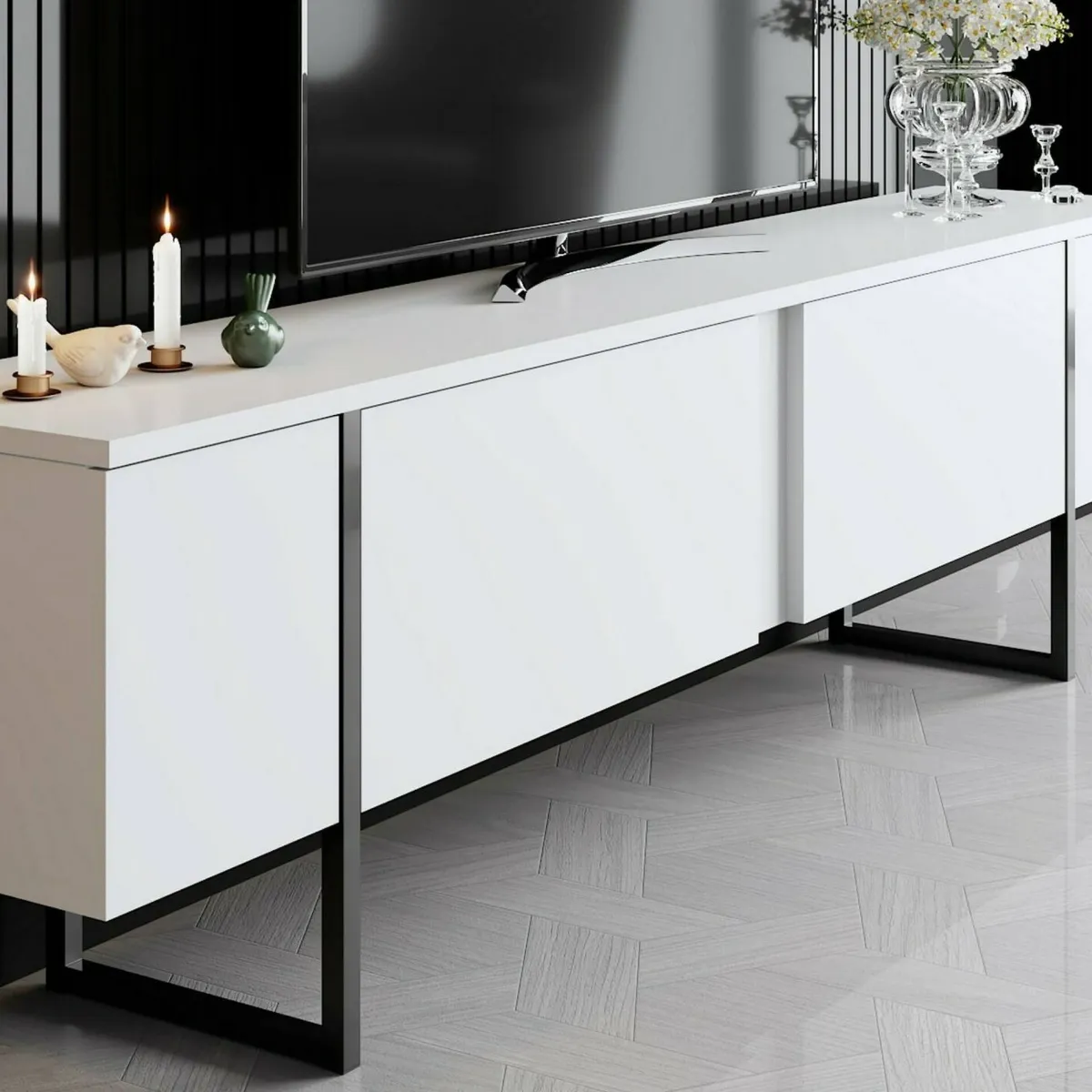 Mobili Porta Tv|Salotto > Dmora Mobile Porta tv Bianco Nero Cassetti un Ripiano 180x30x50h cm, 2 Ante - Abishia Nero, Bianco