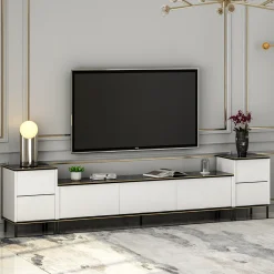 Mobile Porta tv Bianco Nero Marmo 2 Ripiani 5 Ante 180x35x45h cm, con Finiture oro - Cortin