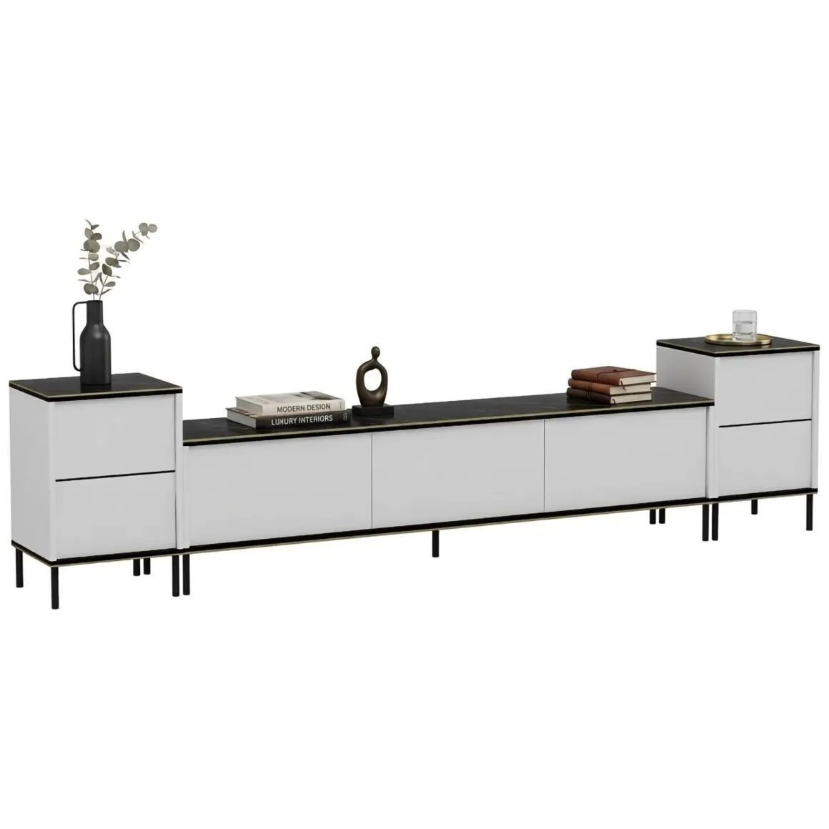 Mobile Porta tv Bianco Nero Marmo 2 Ripiani 5 Ante 180x35x45h cm, con Finiture oro - Cortin