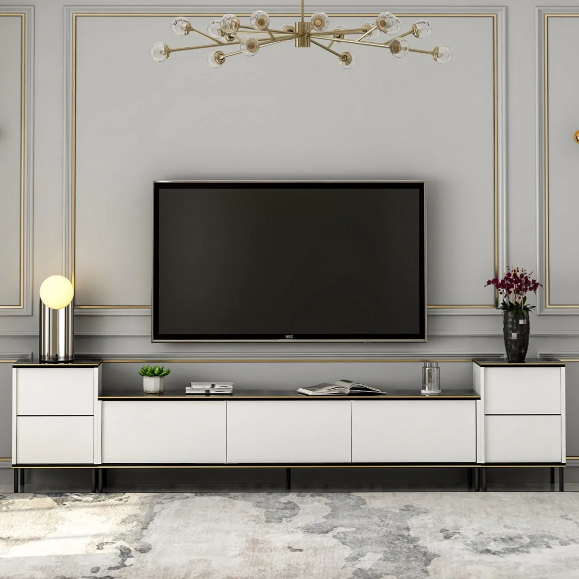 Mobile Porta tv Bianco Nero Marmo 2 Ripiani 5 Ante 180x35x45h cm, con Finiture oro - Cortin