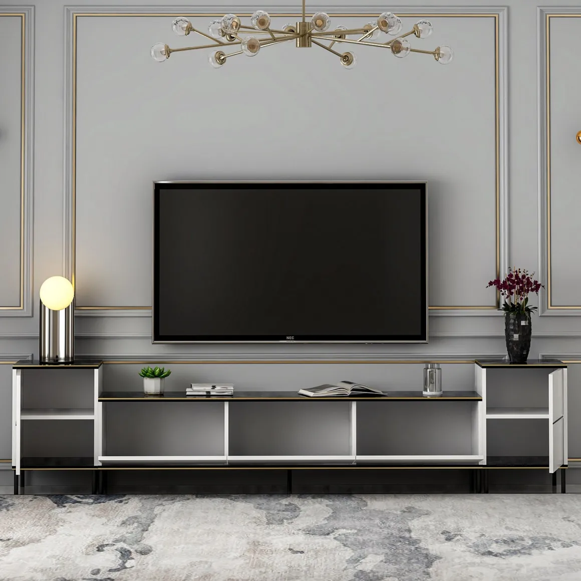 Mobile Porta tv Bianco Nero Marmo 2 Ripiani 5 Ante 180x35x45h cm, con Finiture oro - Cortin