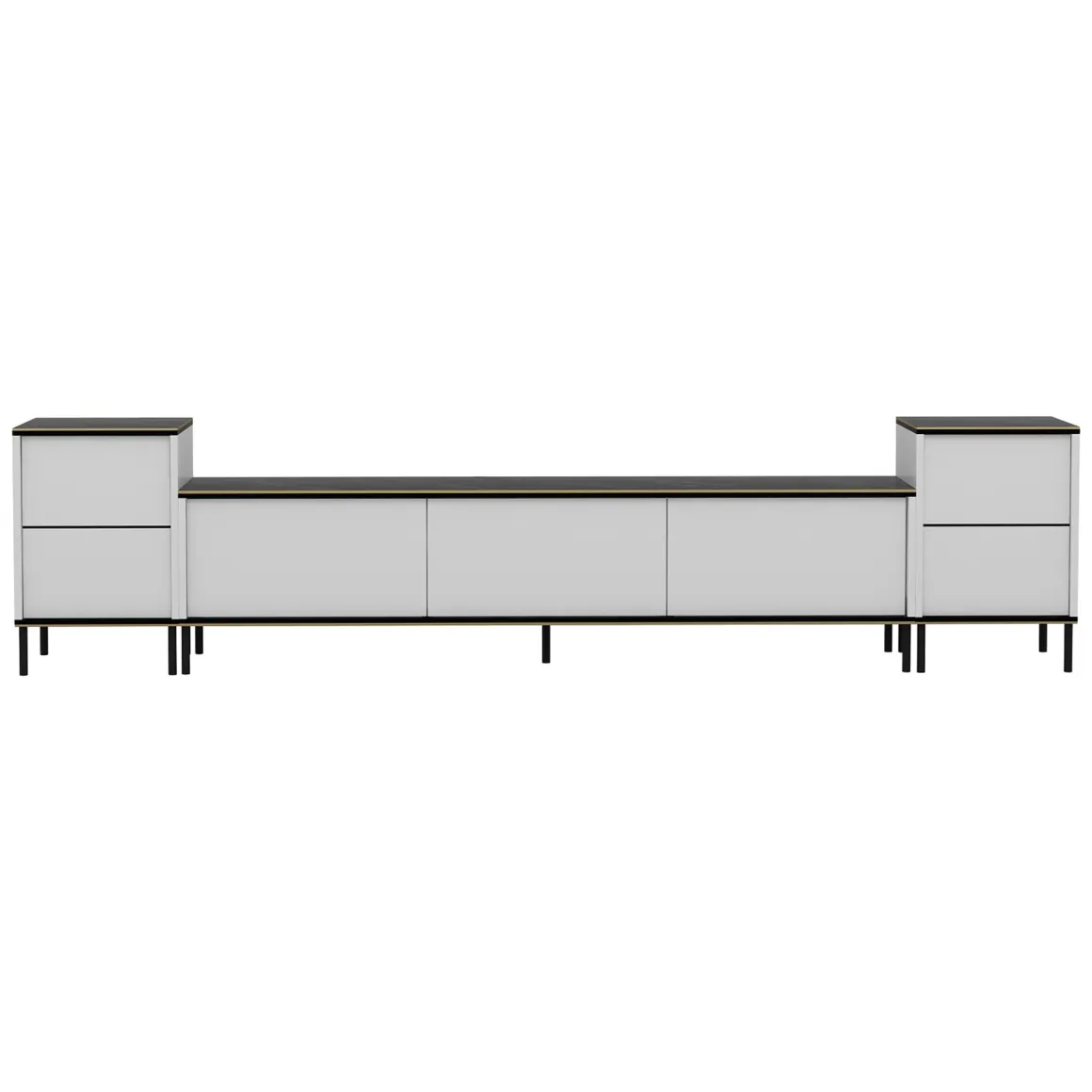 Mobile Porta tv Bianco Nero Marmo 2 Ripiani 5 Ante 180x35x45h cm, con Finiture oro - Cortin